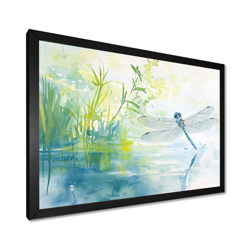 Dragonfly By The River I - Dragonfly Canvas Print, Single Picture Framed Print without Mat, Black, 12" H x 20" W
