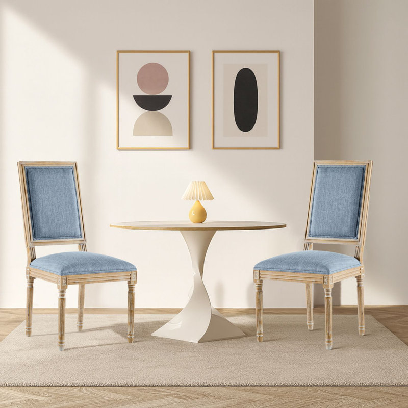 Ensemble de 2 chaises de salle à manger rembourrées avec pieds en bois d'hévéa, Bleu ardoise, Bois naturel