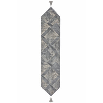 Violet Linen Pacifica Geometric Pattern, Polyester Jacquard, with Tassels, Silver , 13 Inch x 70 Inch, Rectangular, Decorative Table Runner