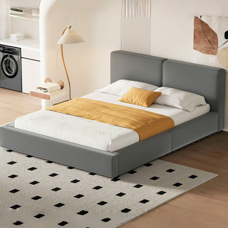 Grand lit plateforme tapissier avec tissu en velours, lit au sol avec structure solide, gris, Gris