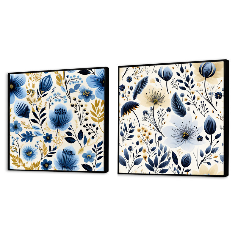 Nordic Yellow Blue Garden Dreams II - Abstract Botanicals Square, ensemble de 2 collages carrés, Cadre flottant noir