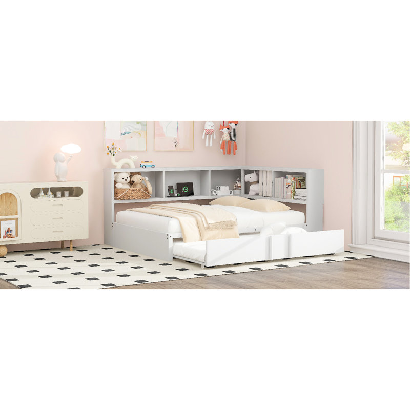Lit de jour en métal avec lit gigogne, espace de rangement et rangement blanc, - Caractéristique