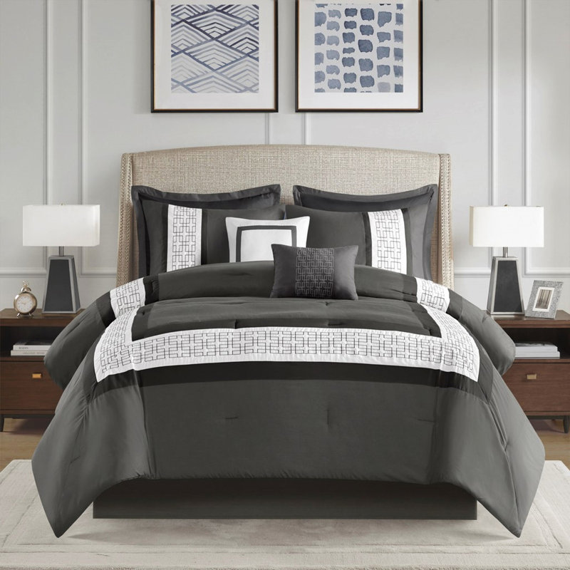 Édredon très foncé gris foncé avec 8 taies décoratives de luxe brodées et lavable à la machine