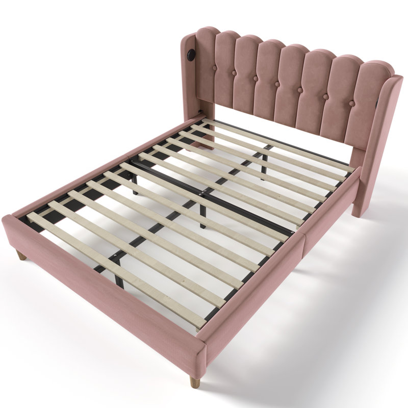 Upholstered Bed With Usb Linen, Double (4'6), Pink