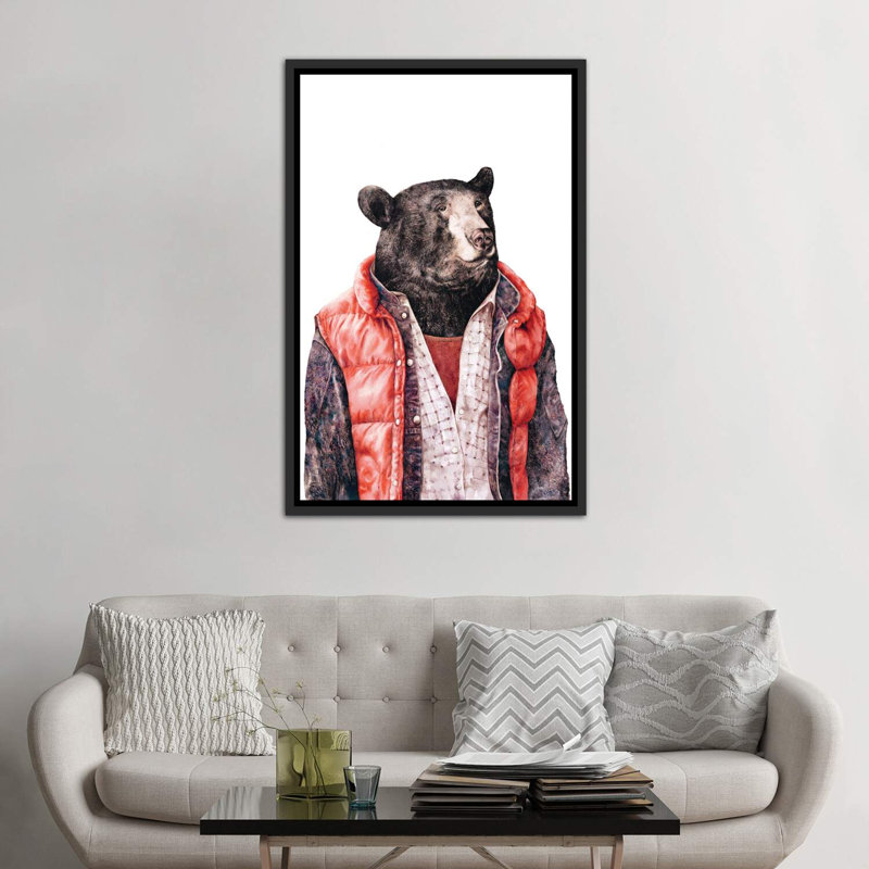 «Black Bear» par Animal Crew - impression d'art graphique, H 60 po x l 40po x P 1,5 po, Toile avec cadre noir