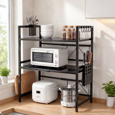 3-Tier Expandable Microwave Shelf, Height & Width Adjustable Black Worktop Organiser with Hooks, Knife Holder, Chopping Board Rack & Cutlery Box for Cluttered Kitchens