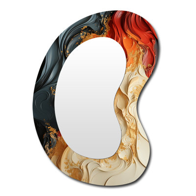 Eria Red and gold marble volcano IV - Abstract Painting Asymmetrical Large Mirror, Modern Unique Shape Decorative Wall Mirror, Printed Metal Art