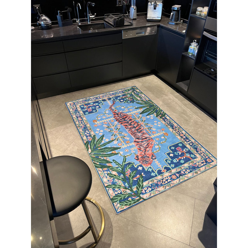 Tapis bleu / rouge en polypropylène tissé à la machine Rositha, Rectangle 4 pi 11 po x 8 pi 2 po