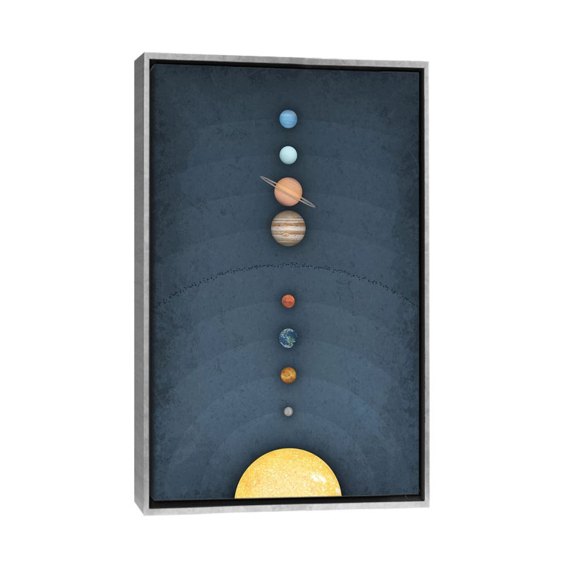 Système solaire II, art encadré, H 60 po x l 40po x P 1,5 po, Toile avec cadre argenté