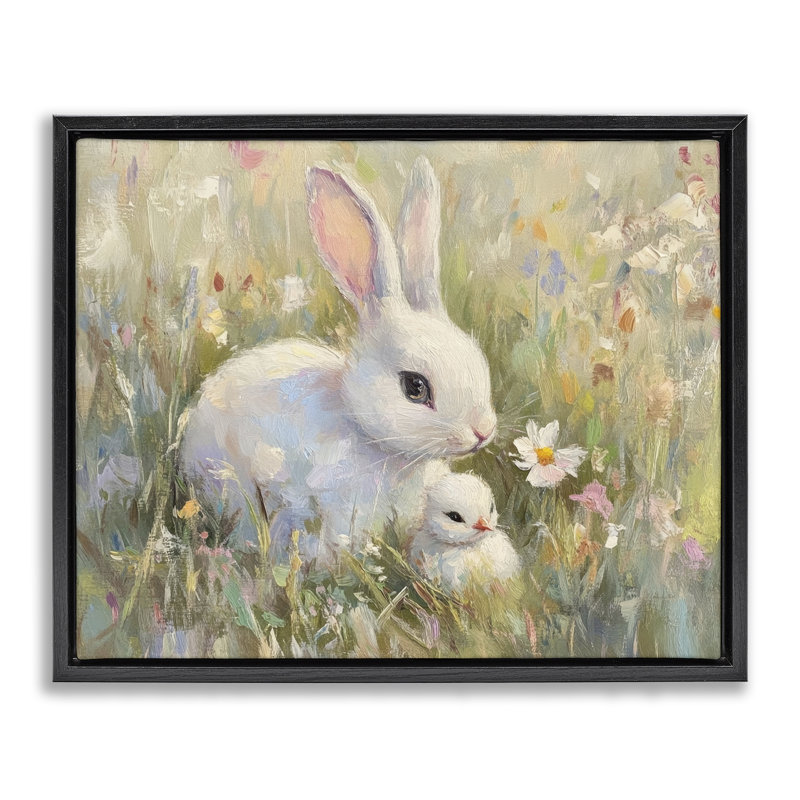 Cadre flottant avec lapin blanc Pâques et fleurs, design par Petal Prints Design, H 25 po x l 31 po, Noir