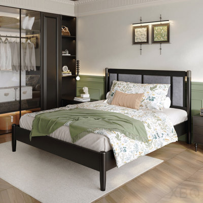 Solid Wood Queen Bed, Heavy Duty 500 Lbs Support, No Box Spring Needed, Black Upholstered Headboard With Metal Handles