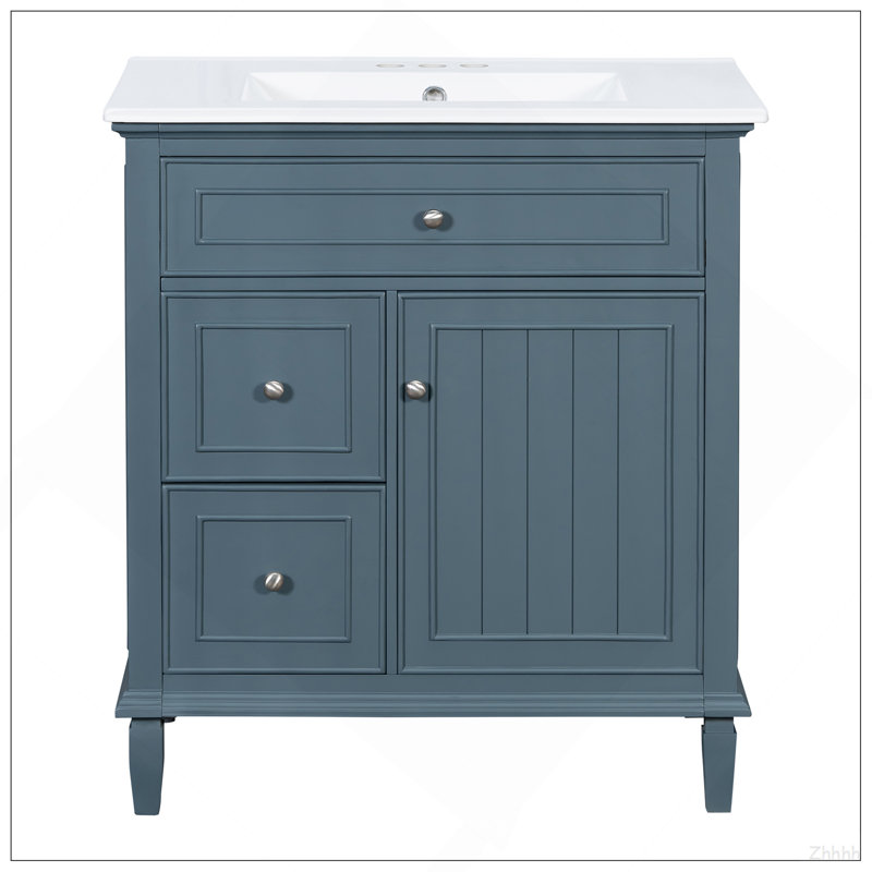 Meuble-lavabo 30 po avec lavabo, meuble-lavabo avec un tiroir rabattable et deux tiroirs, tablette réglable, bois massif et panneau de fibres à densité moyenne, bleu gris