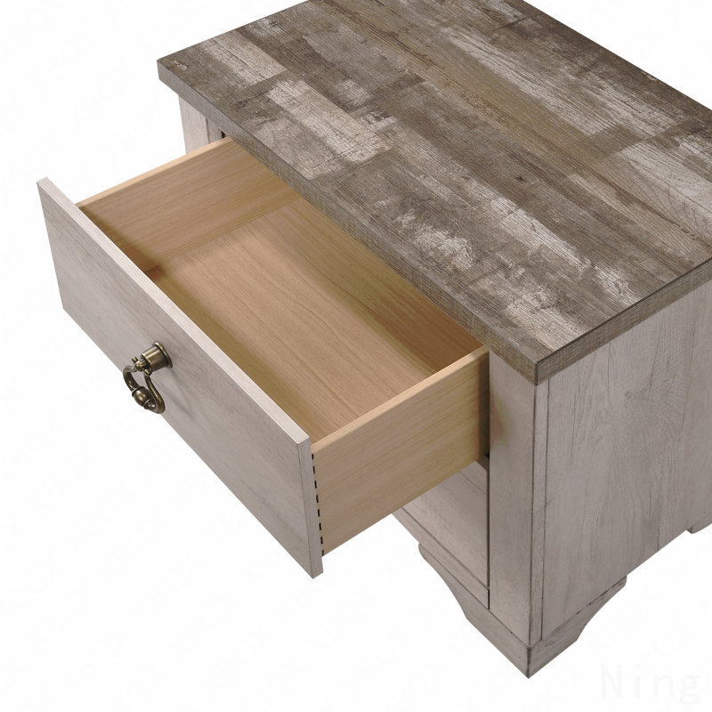 1pc Table de chevet vieillie à 2 tiroirs en bois flotté contrastant
