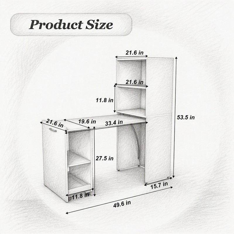 Bureau pliable avec étagères de rangement et roulettes, blanc, pour petits appartements et bureaux