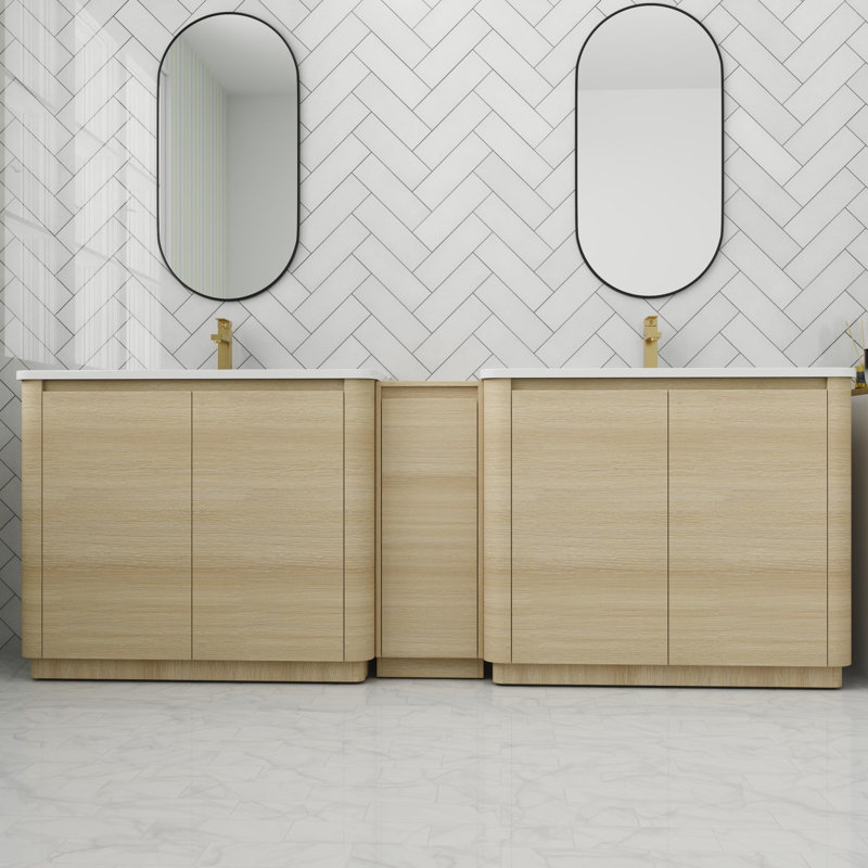 Meuble-lavabo autoportant de 92 po avec porte à fermeture en douceur et tablettes, Beige, 92"