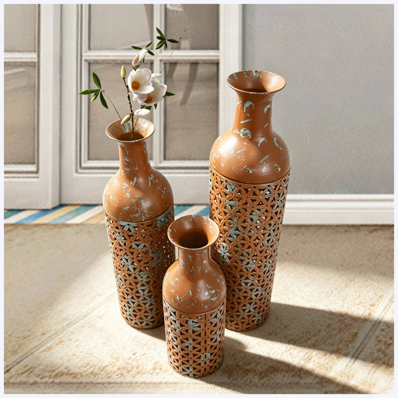 Ensemble de 3 vases de sol décoratifs en métal avec motif de feuilles brun rustique, grands vases pour la décoration de salon et de vestibule