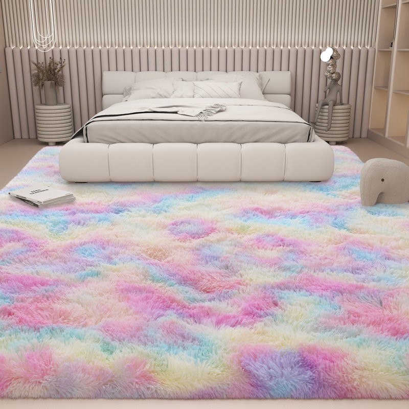 Tie-Dyed Rainbow Fluffy Rugs for Living Room, 9x12 ft Non-Slip Area Rugs Shag Carpet for Nursery Kids Play Room Dorm Office Indoor Modern Plush Carpets Girls