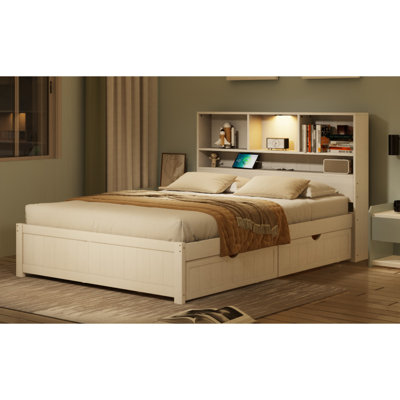 Full Size Wood Platform Bed With Bookcase Headboard, Built-In Downlight, Charging Station, And 2 Side Drawers, White by Red Barrel Studio