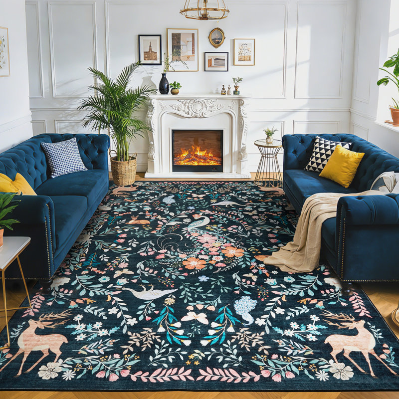 10x13 Washable Area Rug, Non-Slip Low Pile Stain Resistance Rug with Peacock and Deer, Animal Carpet for Living Room, Bedroom, Dining Room, Black
