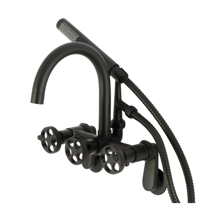 Kingston Brass Webb Three-Handle 2-Hole Adjustable Wall Mount Clawfoot Tub Faucet with Knurled Handle and Hand Shower