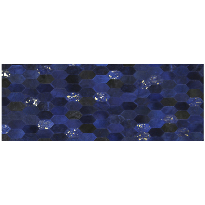 Cowhide Geometric Area Rug in Blue, Runner 2'7" x 6'6"