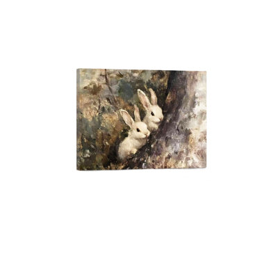 Gray Easter Rustic Rabbit in the Forest Built-in Back Wood Frame Canvas Wall Art Vintage Farmhouse Wall Decor 24" x 36"