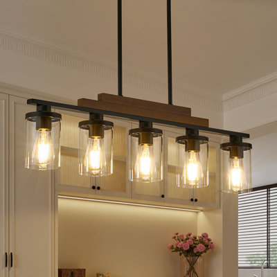 5-Light Wood Kitchen Island Light Fixture, Modern Farmhouse Chandeliers with 2 Layers of Wood