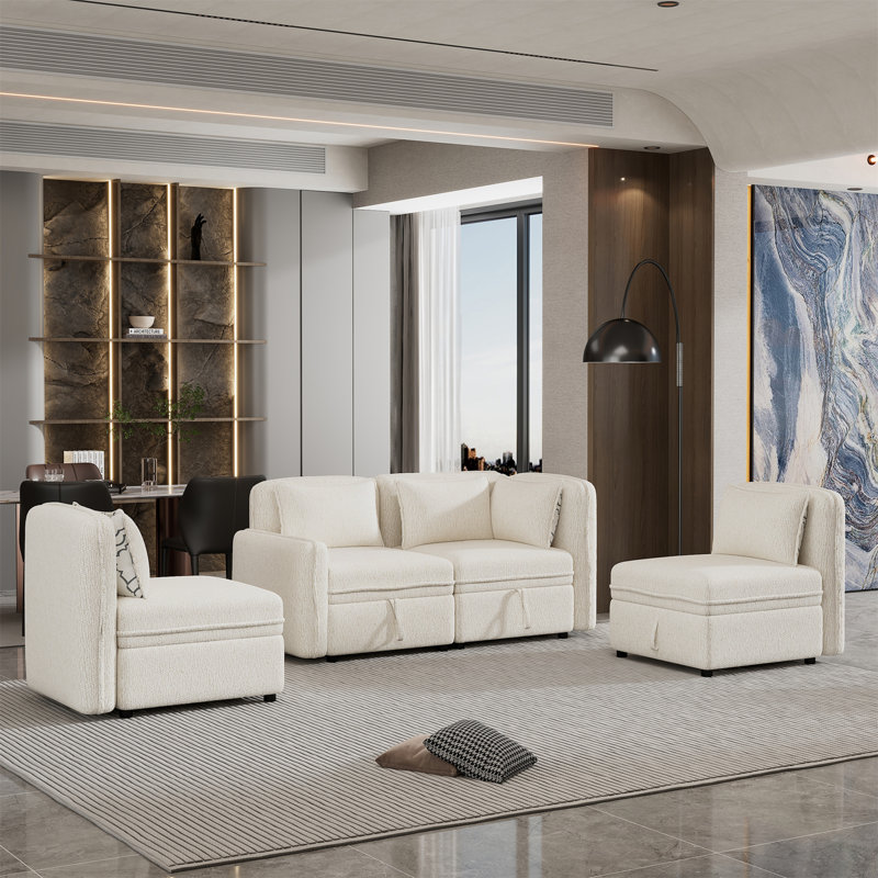 Maquan 6 - Piece Chaise Sectional, Cream Chenille