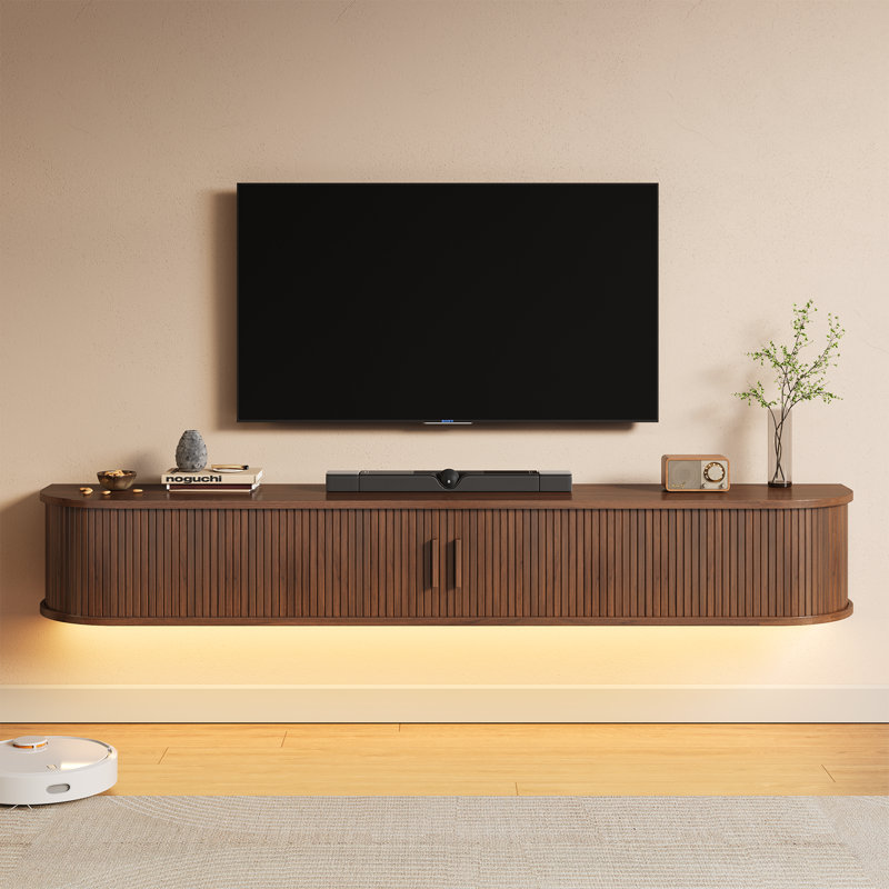 Meuble télé flottant avec lumières RVB, tablette murale 63 po, Noyer, H 8,6 po x L 63 po x P 11,6 po