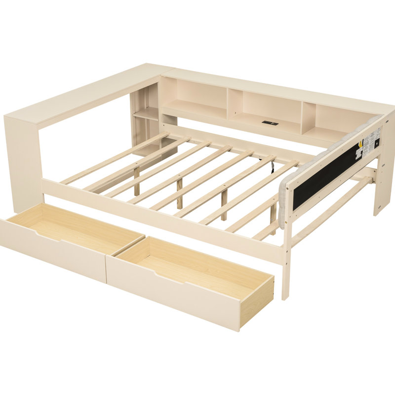 Lit plateforme en bois avec tête de lit tapissier crème avec rangement, station de charge et tiroirs, Lit double