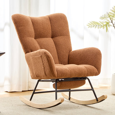 Ensemble fauteuil berçant à oreilles en tissu Teddy et repose-pieds, fauteuil à bascule d'allaitement avec poche de rangement latérale, mouvement de glissement fluide, base en bois massif sécurisée, fauteuil d'appoint confortable pour le salon