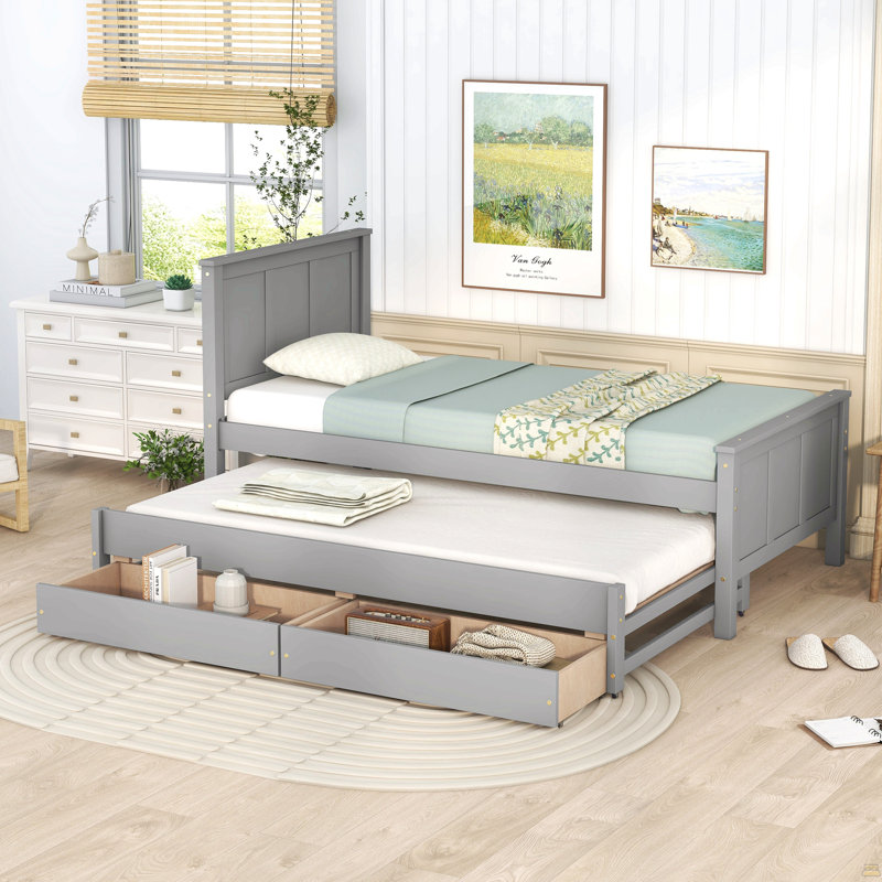 Lit plateforme simple avec lit gigogne et tiroirs, Grey