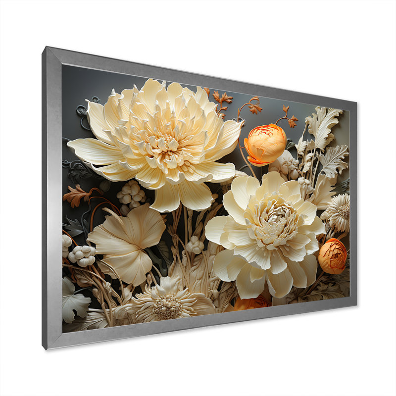 Ivoire floral complexe sur toile, H 16 po x l 32 po x P 1 po, Cadre simple argenté