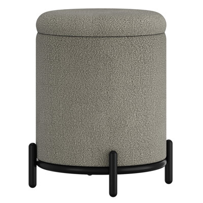 Modern Boucle Fabric Round Storage Ottoman - Black