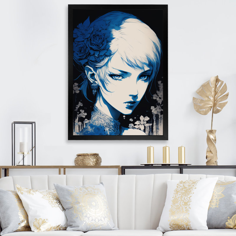 Dessin rétro sur fond bleu Edm Wilson, Cadre photo noir, H 20 po x l 12 po x P 1 po