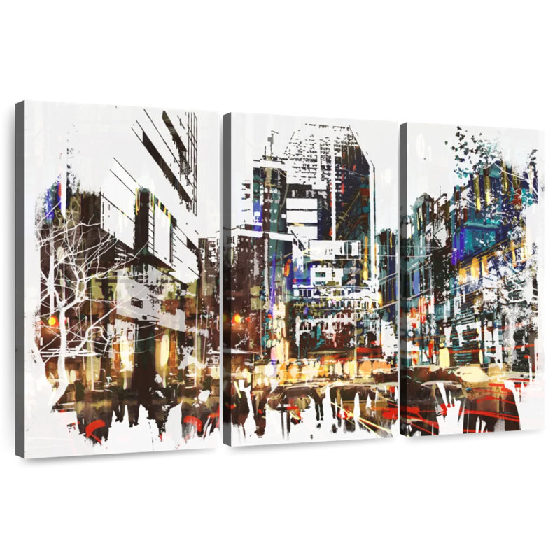 Acrylique de paysage urbain abstrait Sireci, H 48 po x l 74 po