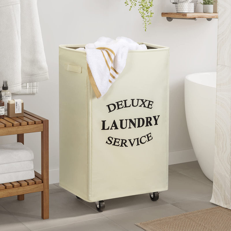 Fabric Rolling Laundry Hamper with Handles, White