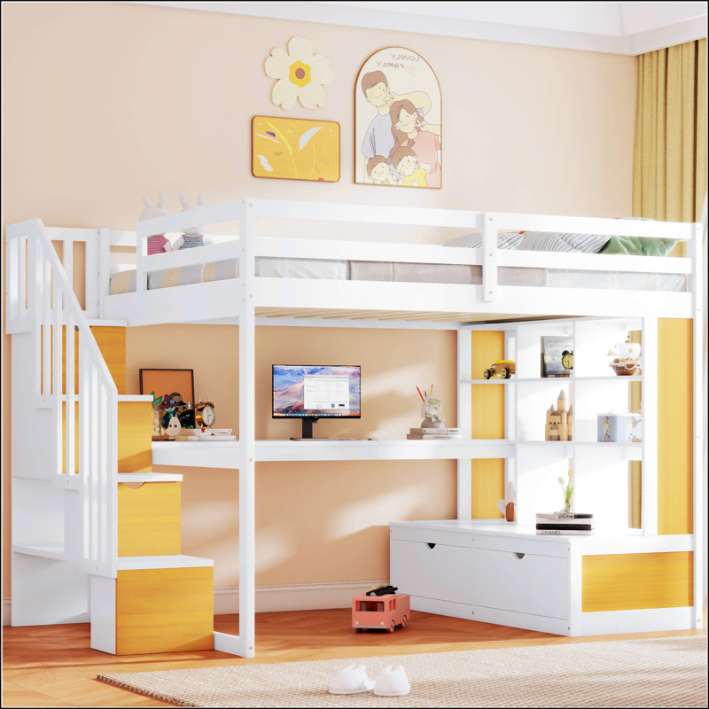 Lit mezzanine double avec bureau et tablettes, Naturel / Blanc