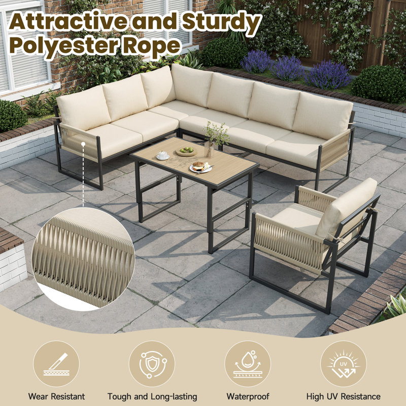 Beige 6-7 Seater Garden Furniture Set With Height Adjustable Rising Coffee Table, Corner Sofa With Polyester Rope