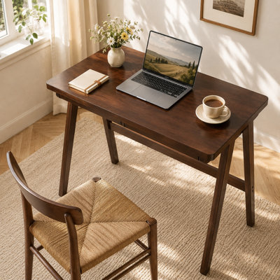 Solid Rubberwood Writing Desk, Home Office Computer Desk Executive Study Table Workstation with Drawer and A-Frame Legs (Retro Walnut, 3 Sizes)