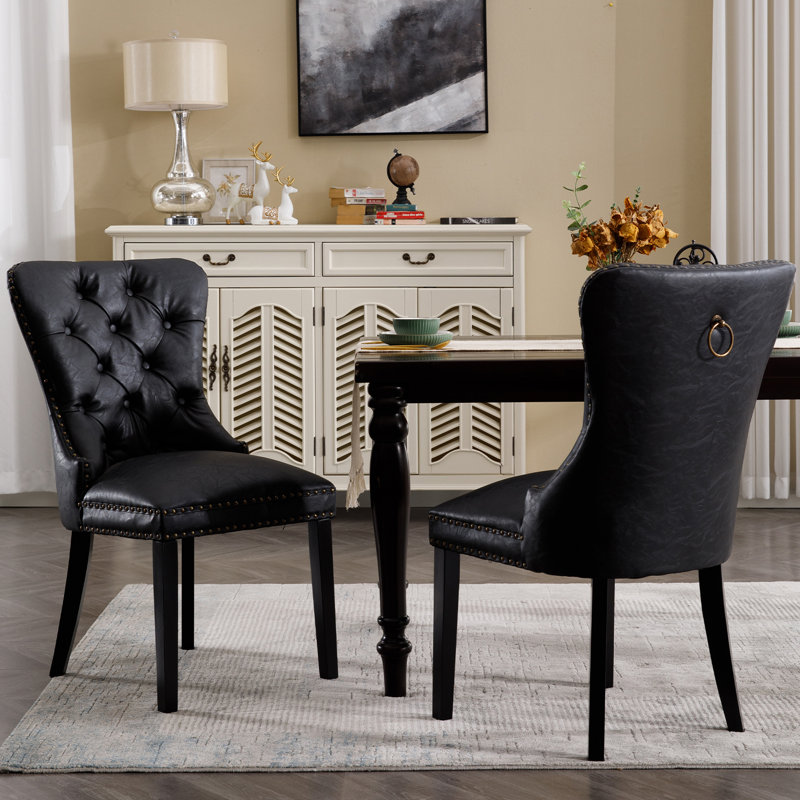 Modern Upholstered Faux Leather Dining Chairs Set Of 2 Mid Century Dining Room Chairs Tufted Ring Back Kitchen Dining Chairs Comfortable Side Chairs With Nail Head Trim