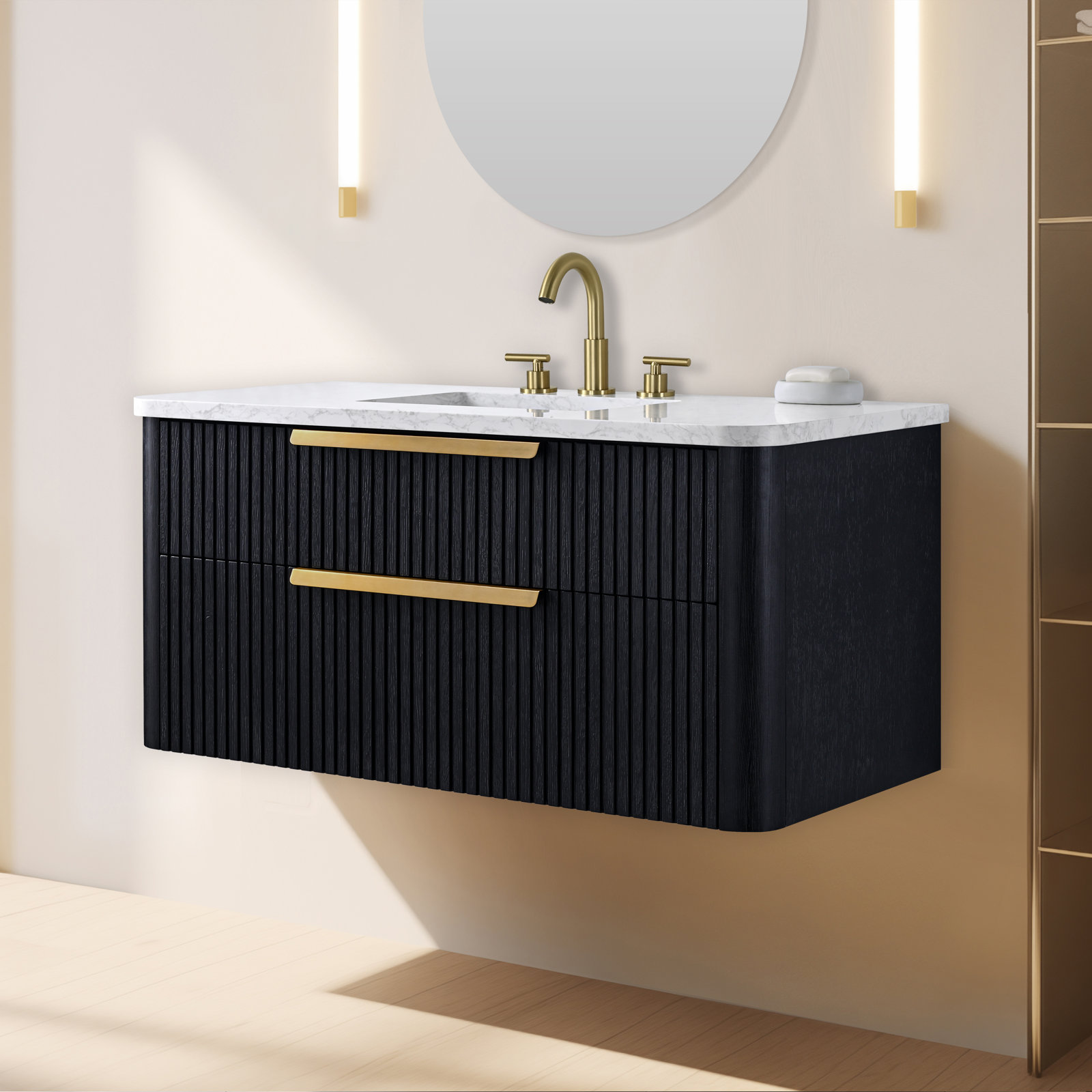 Liljan 42'' Wall-Mounted Single Bathroom Vanity, Black Oak/Brushed Bronze