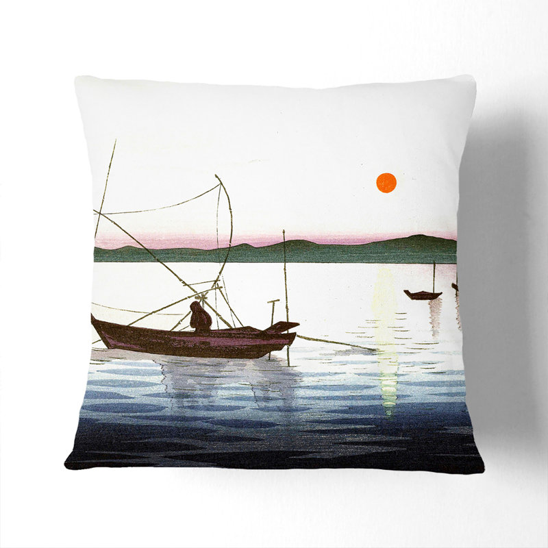 Boats And A Setting Sun Square Throw Cushion, White, 40cm H x 40cm W x 15cm D