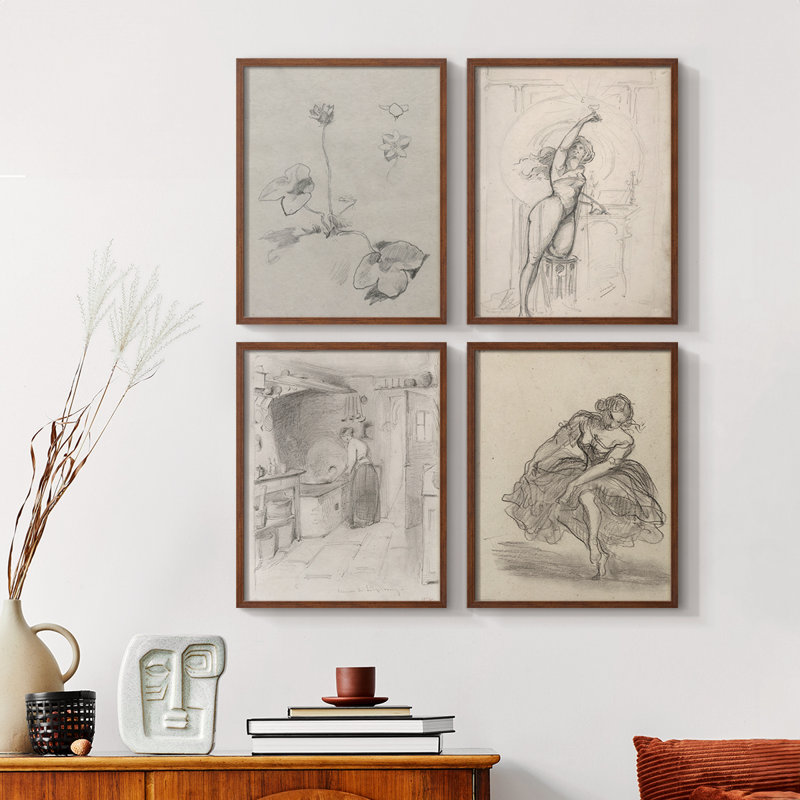 Croquis rétro LII, reproduction encadrée - ensemble de 4, Naturel, H 10 po x l 32 po