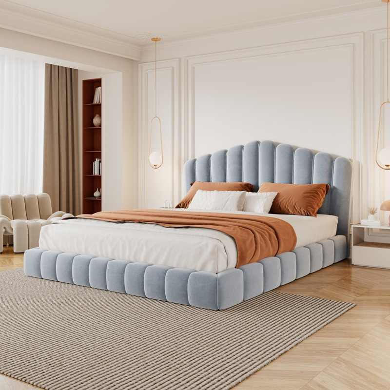 Tête de lit tapissier en velours pour lit double, sans sommier tapissier, Bleu clair