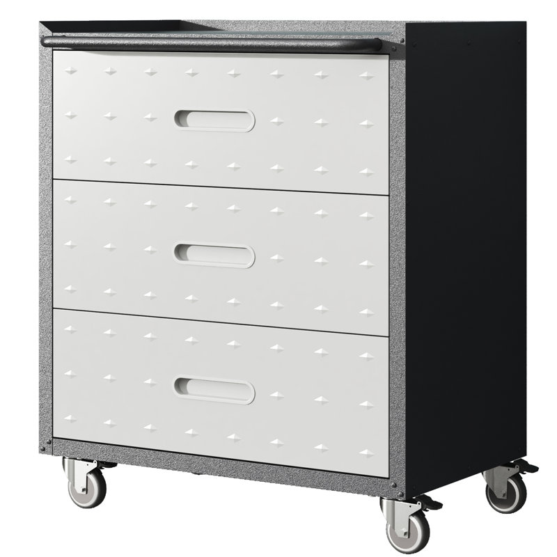 Armoire de rangement robuste en métal à 3 tiroirs avec roulettes - pour le garage, le bureau et la maison. Noir / gris L 29,63 po x P 16,99 po x H 33,92 po. Conception industrielle robuste. Roues pivotantes verrouillables à 360 °. Vaste espace.