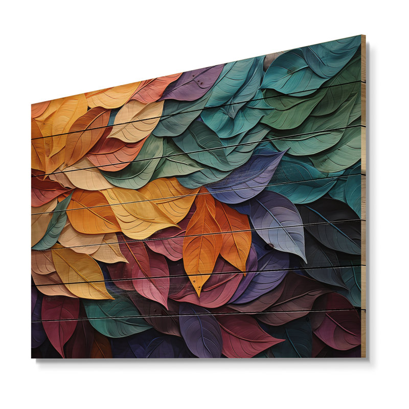 Collage de feuilles colorées III sur bois, H 24 po x l 32 po x P 0,78 po