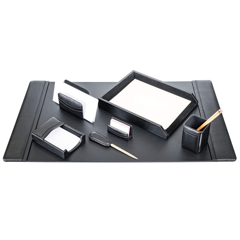 Black Leather 7-Piece Desk Organizer Set with Felt Backing