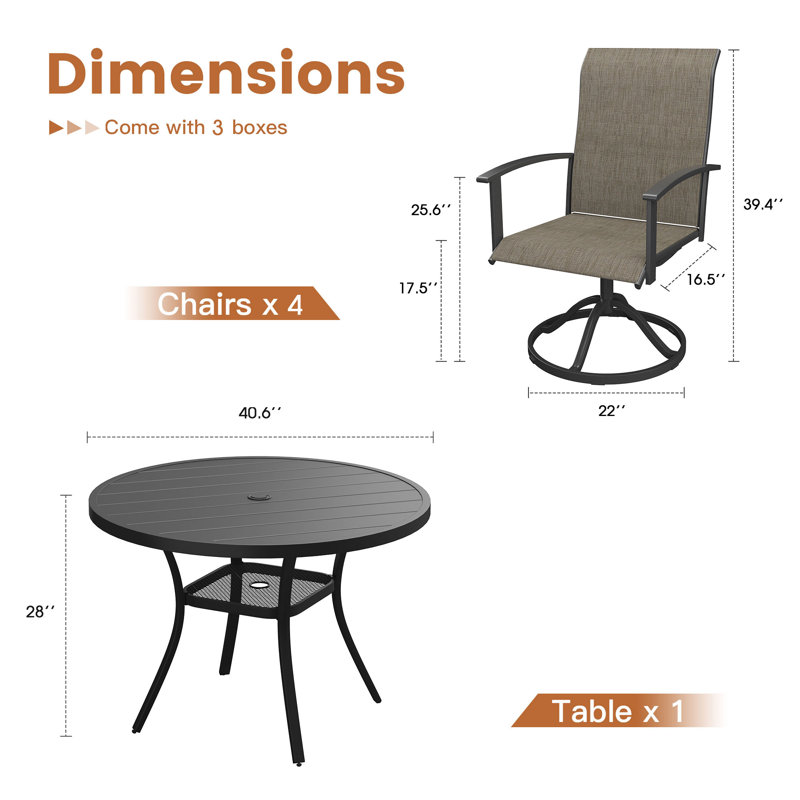 Ensemble de salle à manger pour 4 personnes avec table ronde en métal et chaises pivotantes PVC-coated polyester, Noir / brun