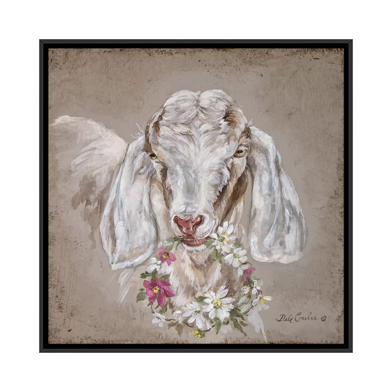 «Goat with Wreath», peinture sur toile, H 18 po x l 18 po x P 1,5 po, Toile avec cadre noir, Pas de tapis